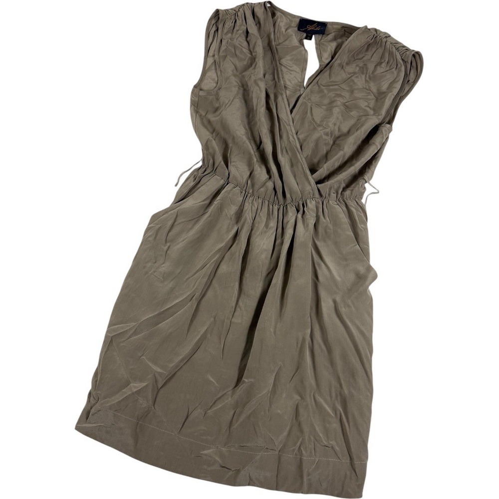 Akiko 100% Silk Sleeveless Wrap Dress Taupe Beige Women Small S Knee Length